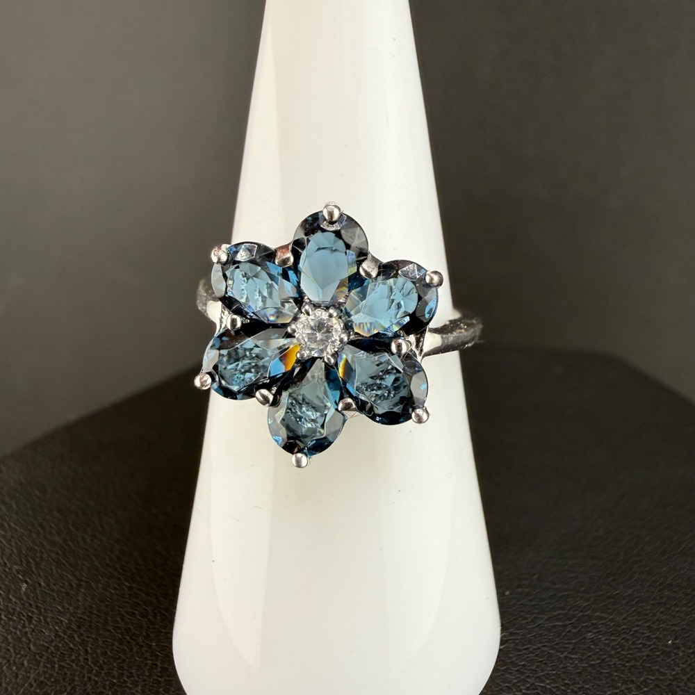 Vintage SAI Ring Blue Flower Sterling Silver Cocktail 6.75
